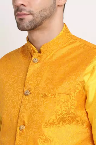 Yellow Silk Blend Kurta and churidar with Jacquard Yellow Nehru jacket