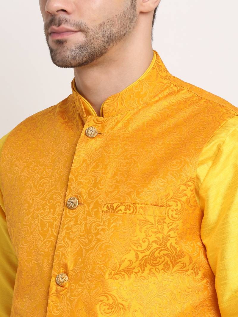 Yellow Silk Blend Kurta and churidar with Jacquard Yellow Nehru jacket