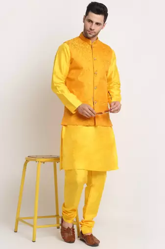 Yellow Silk Blend Kurta and churidar with Jacquard Yellow Nehru jacket