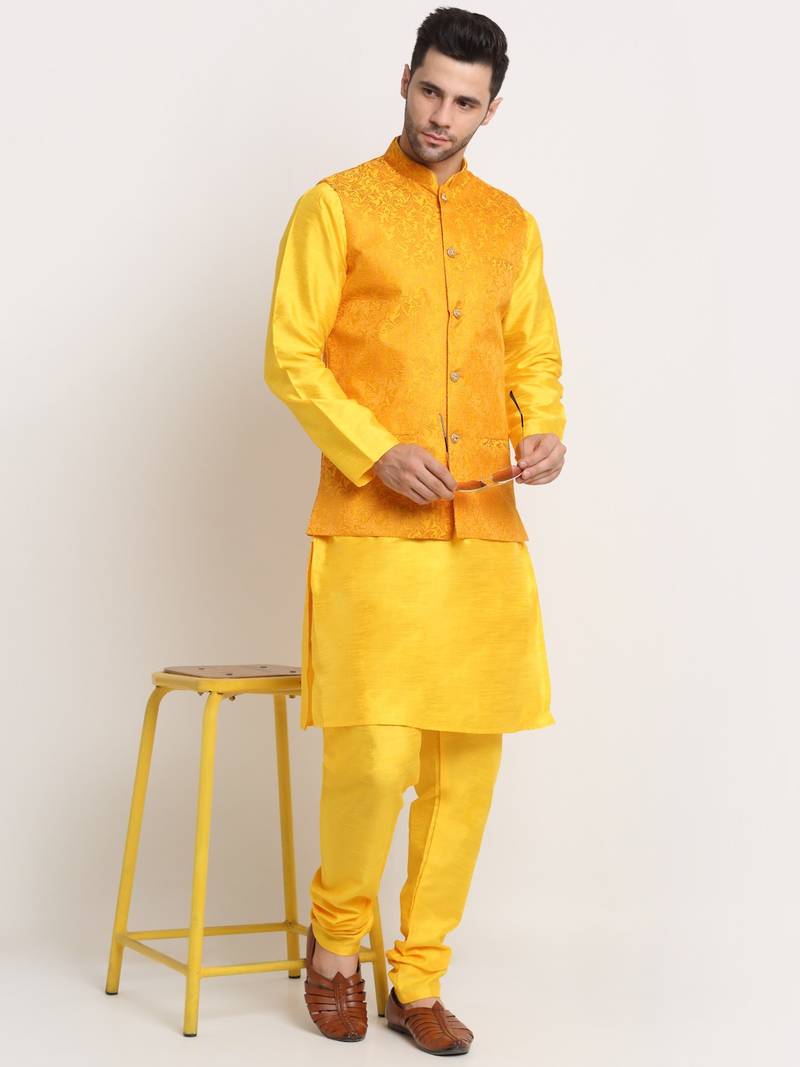 Yellow Silk Blend Kurta and churidar with Jacquard Yellow Nehru jacket