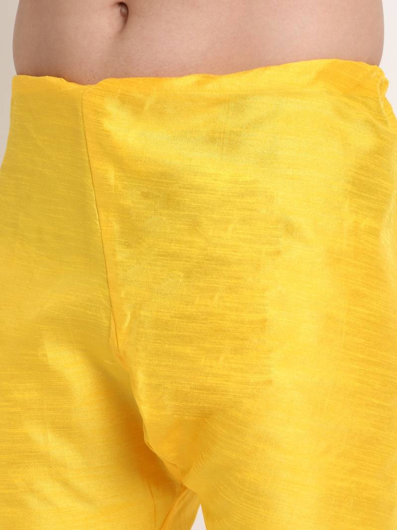 Yellow Silk Blend Kurta and churidar with Jacquard Yellow Nehru jacket