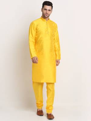 Yellow Silk Blend Kurta and churidar with Jacquard Yellow Nehru jacket 6