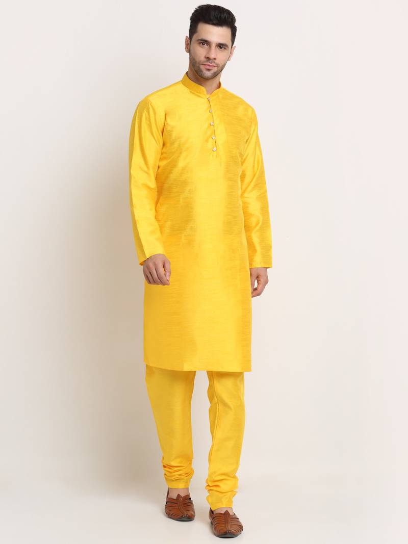 Yellow Silk Blend Kurta and churidar with Jacquard Yellow Nehru jacket