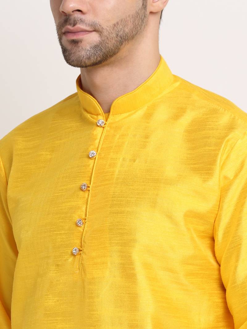 Yellow Silk Blend Kurta and churidar with Jacquard Yellow Nehru jacket