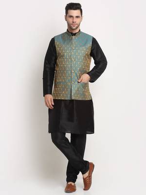 Black Silk Blend Kurta and churidar with Jacquard Blue Nehru jacket 1