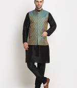 Black Silk Blend Kurta and churidar with Jacquard Blue Nehru jacket