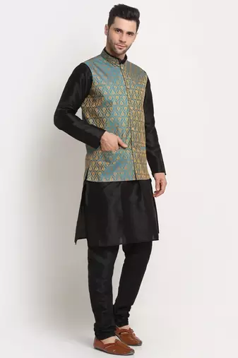Black Silk Blend Kurta and churidar with Jacquard Blue Nehru jacket