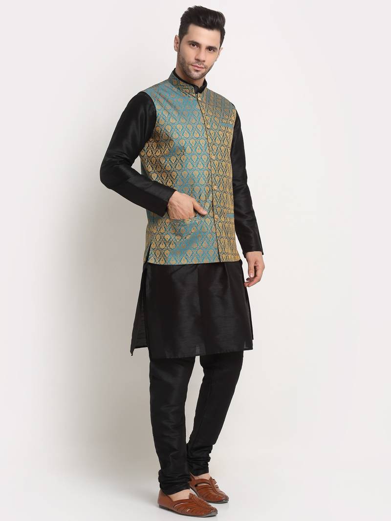 Black Silk Blend Kurta and churidar with Jacquard Blue Nehru jacket