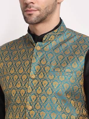 Black Silk Blend Kurta and churidar with Jacquard Blue Nehru jacket 3
