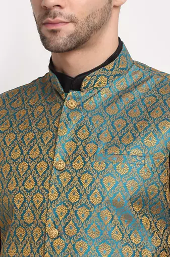 Black Silk Blend Kurta and churidar with Jacquard Blue Nehru jacket