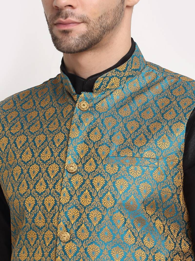 Black Silk Blend Kurta and churidar with Jacquard Blue Nehru jacket