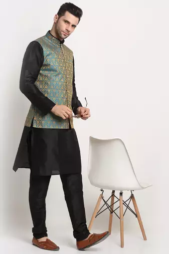 Black Silk Blend Kurta and churidar with Jacquard Blue Nehru jacket