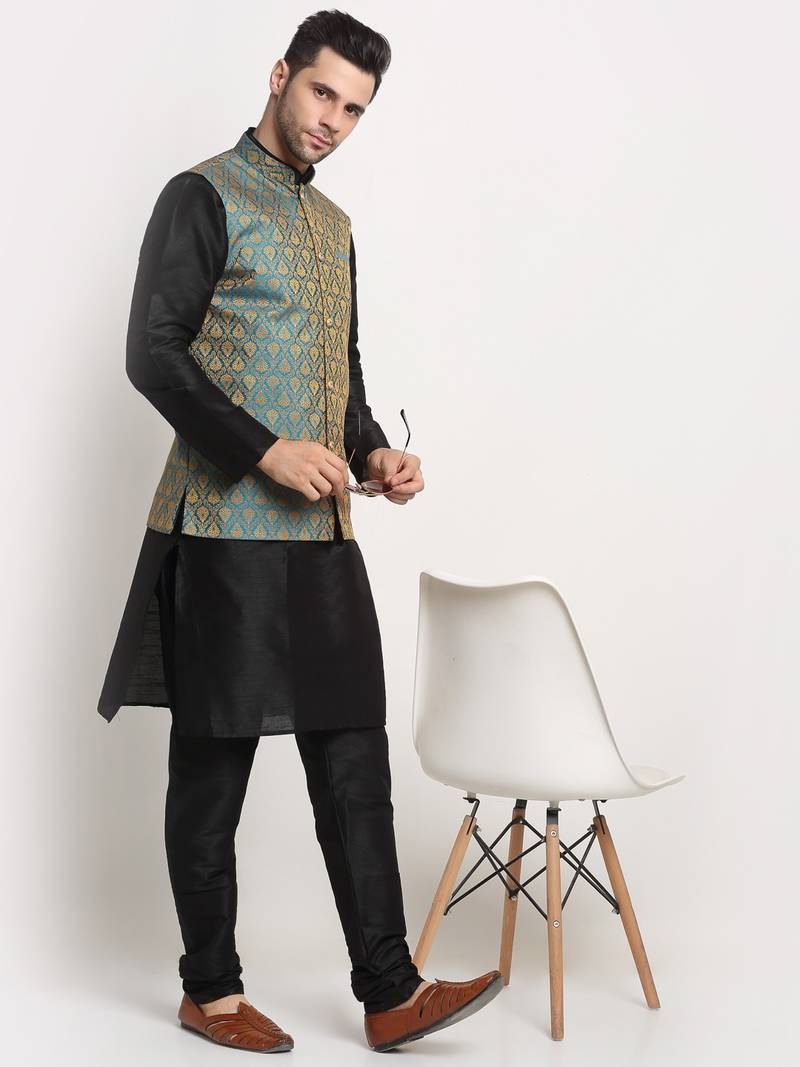 Black Silk Blend Kurta and churidar with Jacquard Blue Nehru jacket