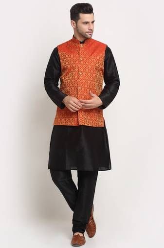 Black Silk Blend Kurta and churidar with Jacquard Red Nehru jacket