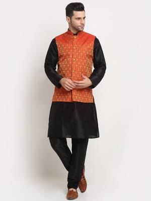 Black Silk Blend Kurta and churidar with Jacquard Red Nehru jacket 1