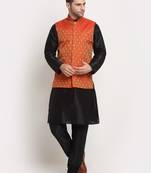 Black Silk Blend Kurta and churidar with Jacquard Red Nehru jacket