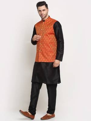 Black Silk Blend Kurta and churidar with Jacquard Red Nehru jacket 2