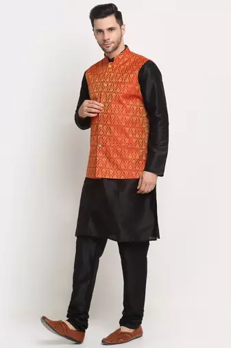 Black Silk Blend Kurta and churidar with Jacquard Red Nehru jacket
