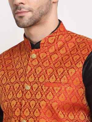Black Silk Blend Kurta and churidar with Jacquard Red Nehru jacket 3