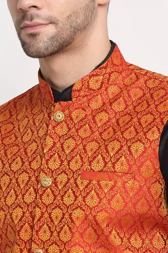 Black Silk Blend Kurta and churidar with Jacquard Red Nehru jacket