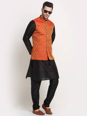 Black Silk Blend Kurta and churidar with Jacquard Red Nehru jacket 4