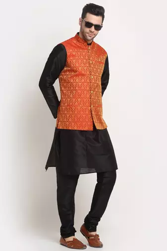 Black Silk Blend Kurta and churidar with Jacquard Red Nehru jacket