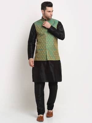 Black Silk Blend Kurta and churidar with Jacquard Green Nehru jacket 1