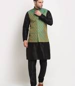 Black Silk Blend Kurta and churidar with Jacquard Green Nehru jacket