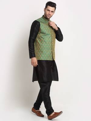 Black Silk Blend Kurta and churidar with Jacquard Green Nehru jacket 2