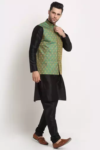 Black Silk Blend Kurta and churidar with Jacquard Green Nehru jacket