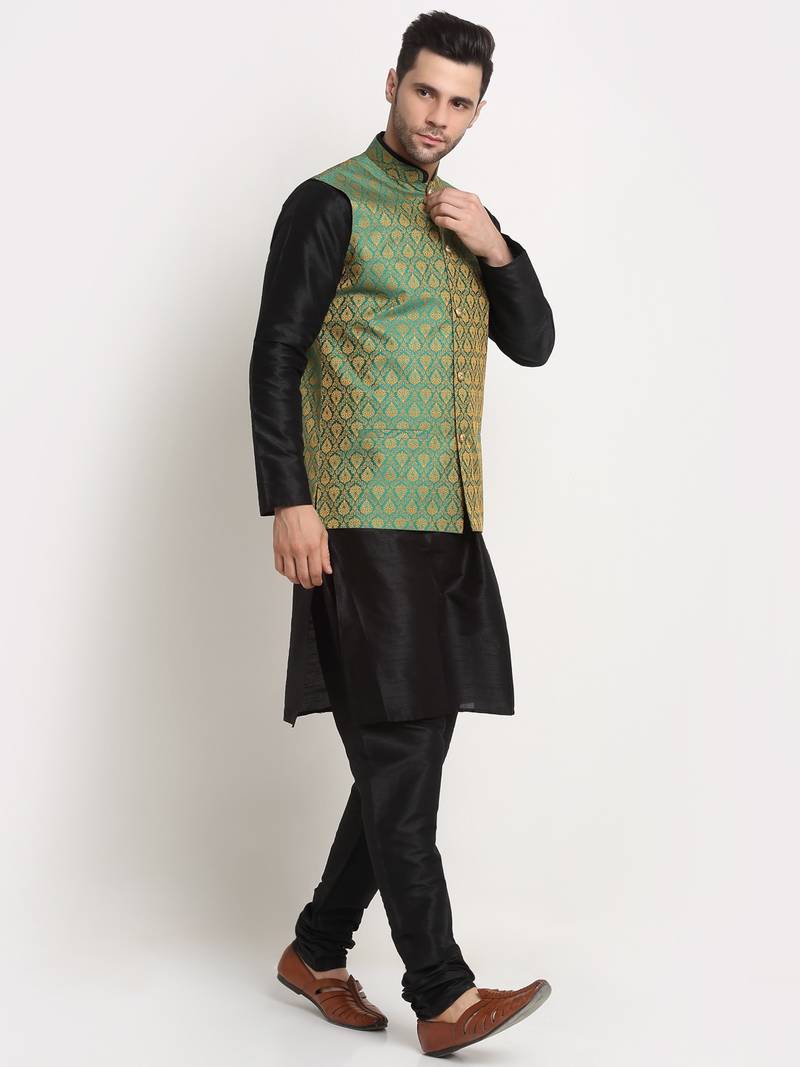 Black Silk Blend Kurta and churidar with Jacquard Green Nehru jacket