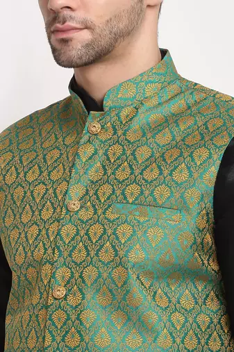 Black Silk Blend Kurta and churidar with Jacquard Green Nehru jacket