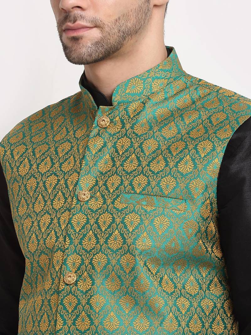 Black Silk Blend Kurta and churidar with Jacquard Green Nehru jacket