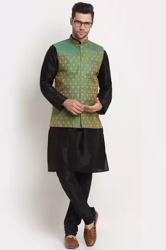 Black Silk Blend Kurta and churidar with Jacquard Green Nehru jacket