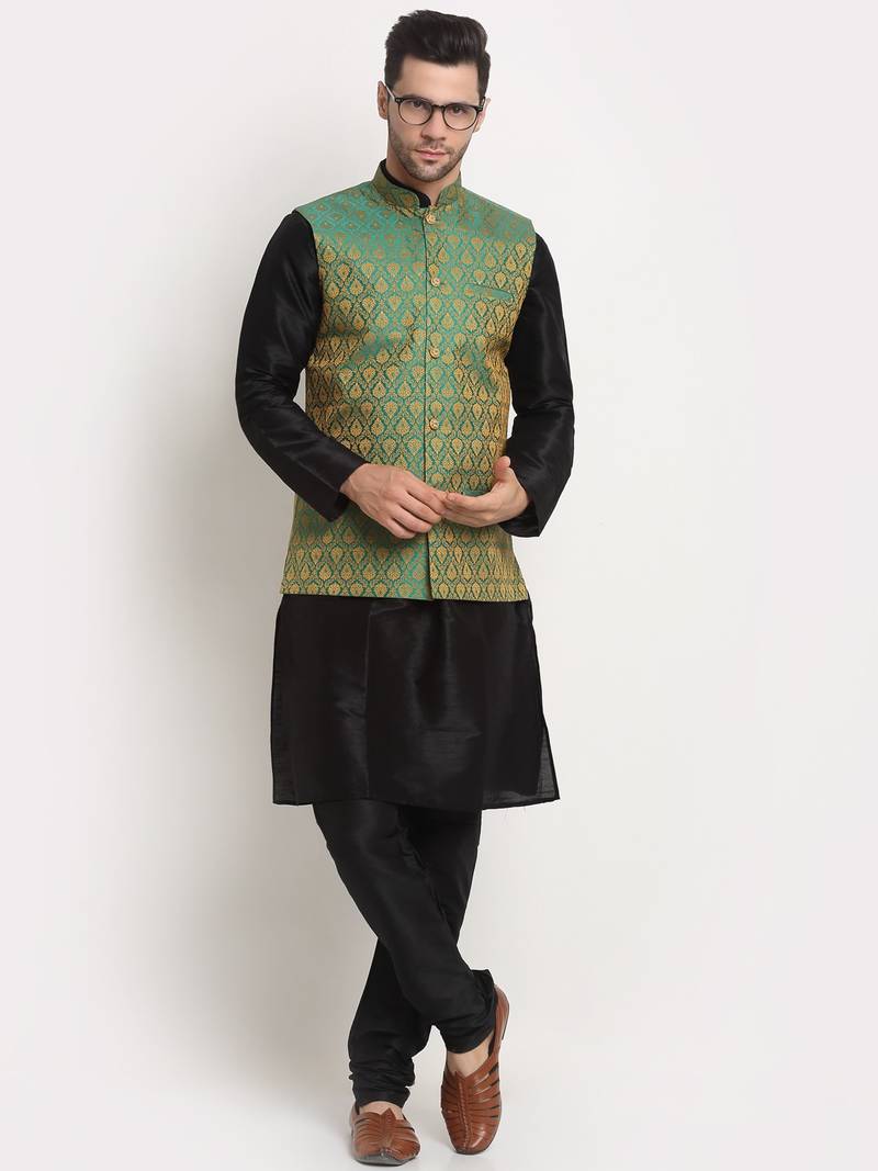 Black Silk Blend Kurta and churidar with Jacquard Green Nehru jacket