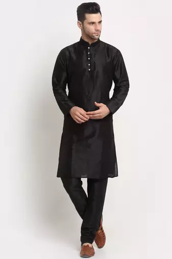 Black Silk Blend Kurta and churidar with Jacquard Green Nehru jacket