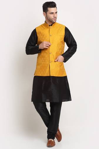 Black Silk Blend Kurta and churidar with Jacquard Yellow Nehru jacket