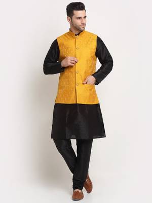 Black Silk Blend Kurta and churidar with Jacquard Yellow Nehru jacket 1