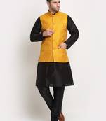Black Silk Blend Kurta and churidar with Jacquard Yellow Nehru jacket