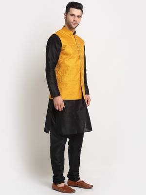 Black Silk Blend Kurta and churidar with Jacquard Yellow Nehru jacket 2