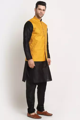 Black Silk Blend Kurta and churidar with Jacquard Yellow Nehru jacket