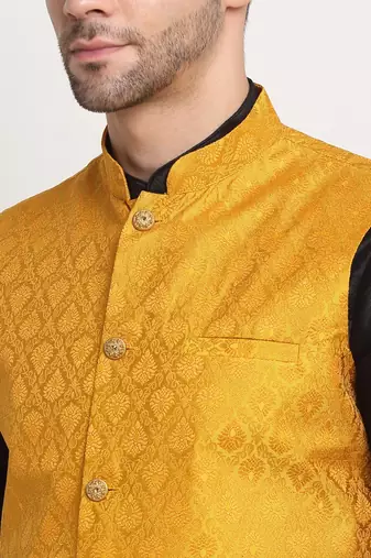 Black Silk Blend Kurta and churidar with Jacquard Yellow Nehru jacket