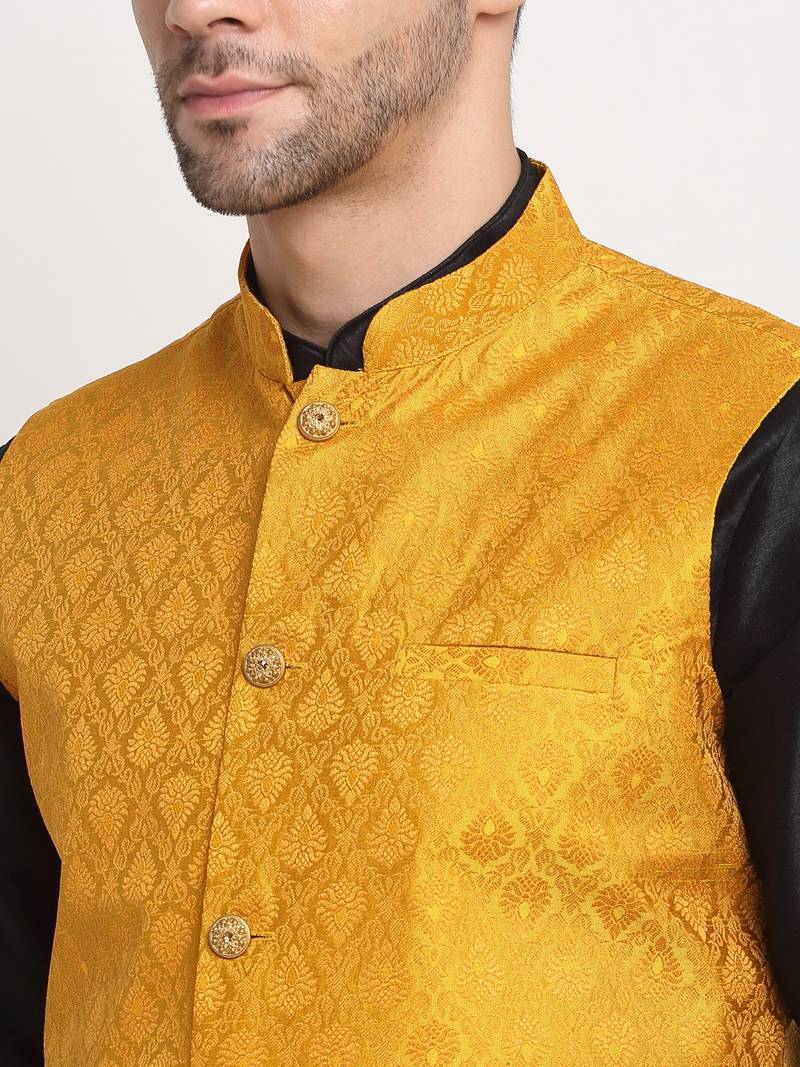 Black Silk Blend Kurta and churidar with Jacquard Yellow Nehru jacket