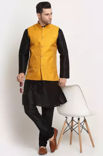 Black Silk Blend Kurta and churidar with Jacquard Yellow Nehru jacket