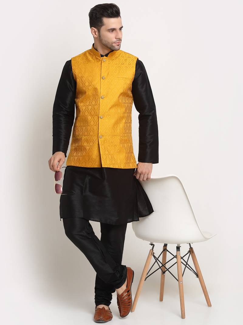 Black Silk Blend Kurta and churidar with Jacquard Yellow Nehru jacket