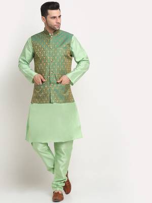 Sea Green Silk Blend Kurta and churidar with Jacquard Green Nehru jacket 1