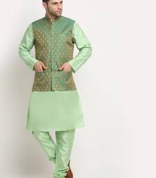 Sea Green Silk Blend Kurta and churidar with Jacquard Green Nehru jacket