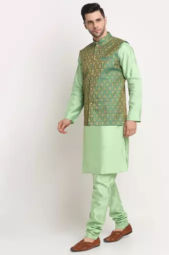 Sea Green Silk Blend Kurta and churidar with Jacquard Green Nehru jacket