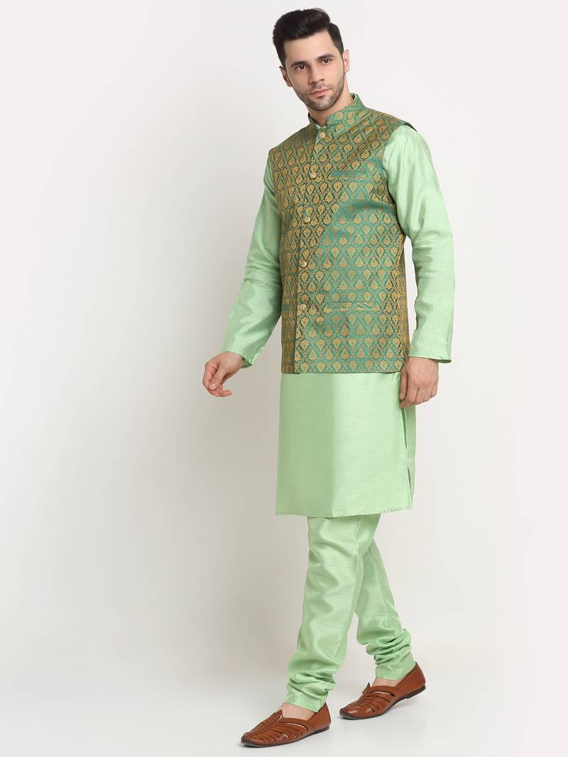 Sea Green Silk Blend Kurta and churidar with Jacquard Green Nehru jacket