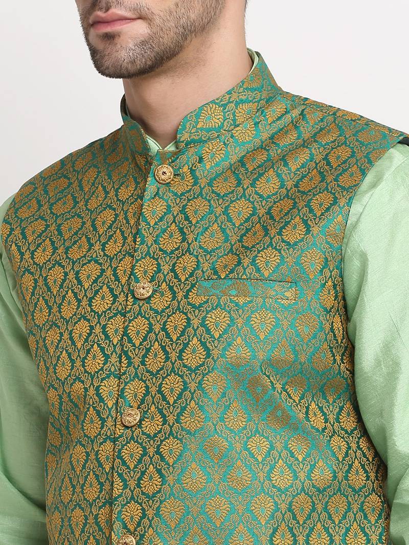 Sea Green Silk Blend Kurta and churidar with Jacquard Green Nehru jacket